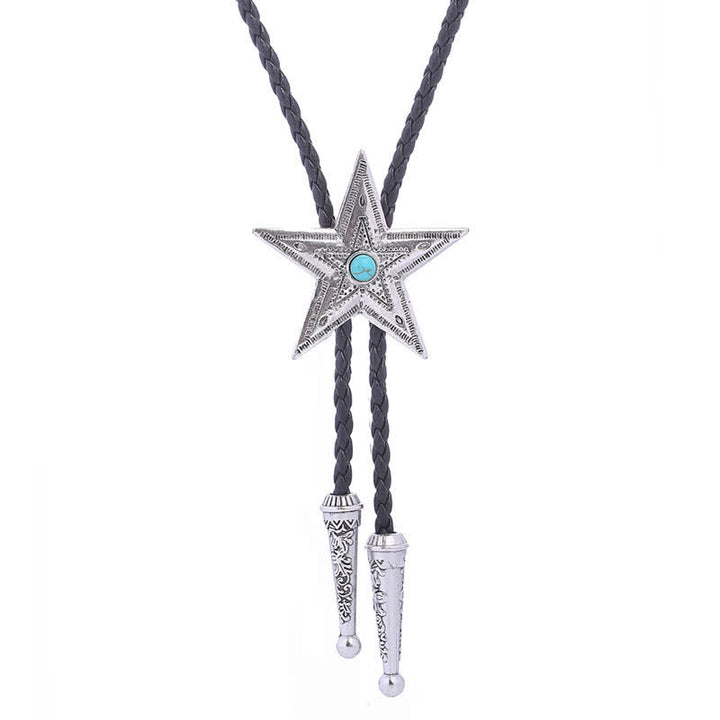 Vintage Natural Stone Star Pendant Necklace Bolo Tie - Turquoise - Antique Silver - image 15