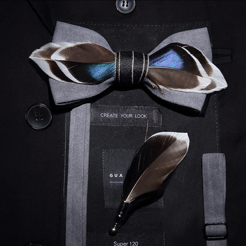 Gray Mallard Duck Feather Bow Tie with Lapel Pin - Gray - image 0