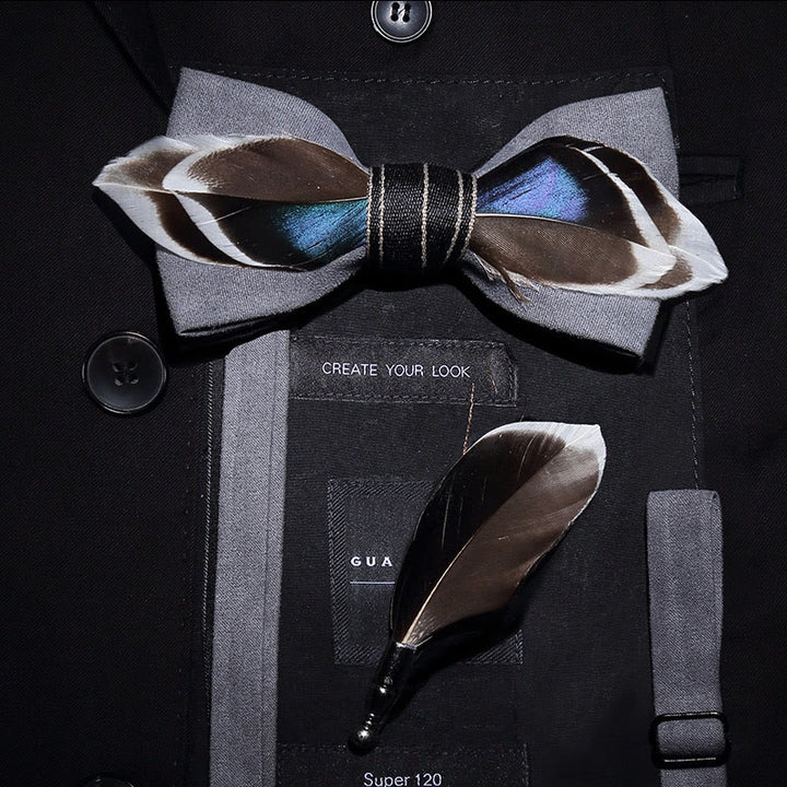 Gray Mallard Duck Feather Bow Tie with Lapel Pin - Gray - image 0