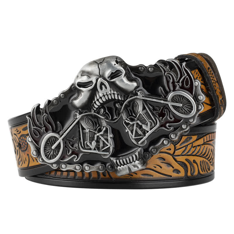 Men's Gothic Motorcycle Ghost Head Leather Belt - Yellow / Silver - 46 - image 0