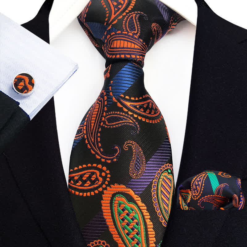3Pcs Orange & Black Men's Paisley Hanky Necktie Set - Orange & Black - image 0