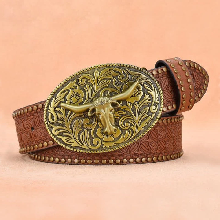 Men's Bull Head Rivet Embossed Leather Belt - image 2