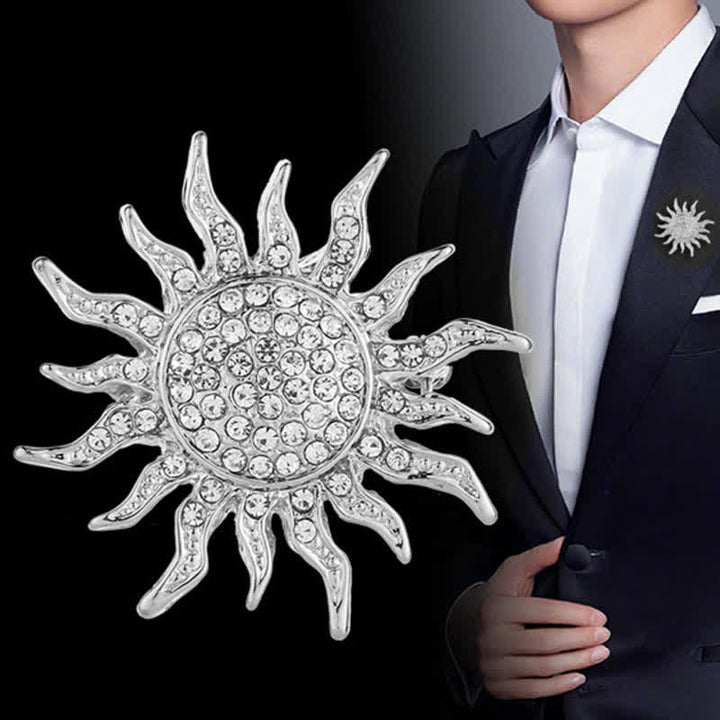 Men's Glowing Sunburst Rhinestone Brooch - Silver - image 0