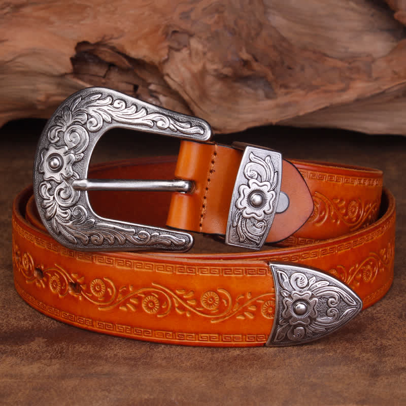 Unisex Rustic Texture Flower Printing Leather Belt - Orange - 44 - image 14
