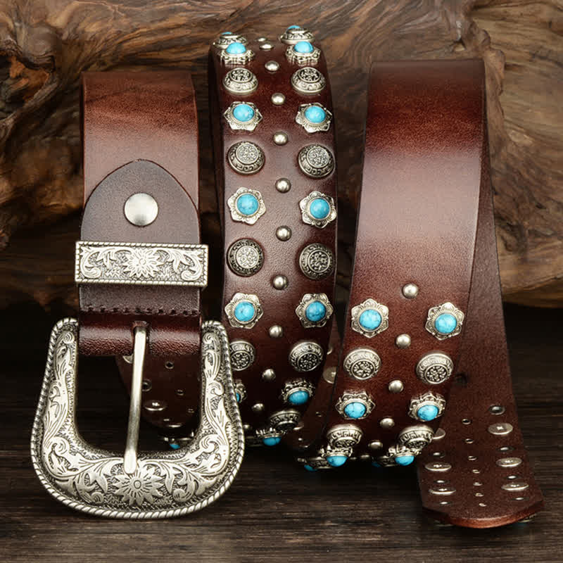 Unisex Luxurious Imitation Turquoise Accents Belt - Coffee - 44 - image 0