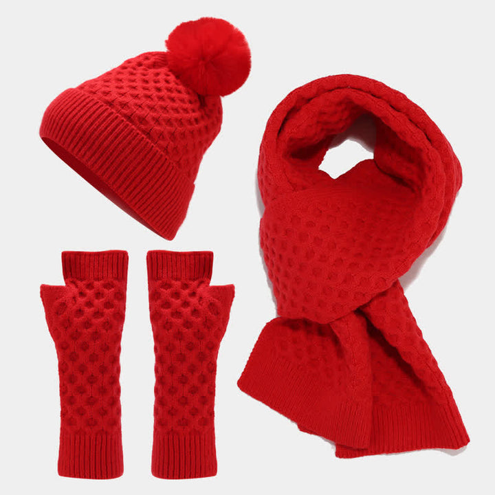 3Pcs Women's Criss Cross Knit Hat Scarf Gloves Set - Red - Adjustable (22"-22 7/8") - image 14