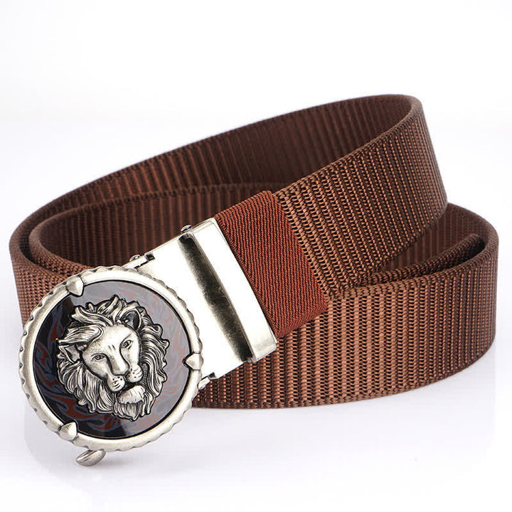 Men's Practical Lion Head Pattern Nylon Belt - Brown / Silver - 48" - image 20
