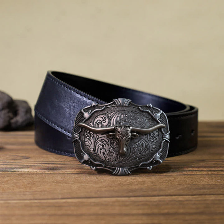 Men's DIY Silver Longhorn Bull Square Buckle Leather Belt - Bull - Black PU Belt (40) - image 2