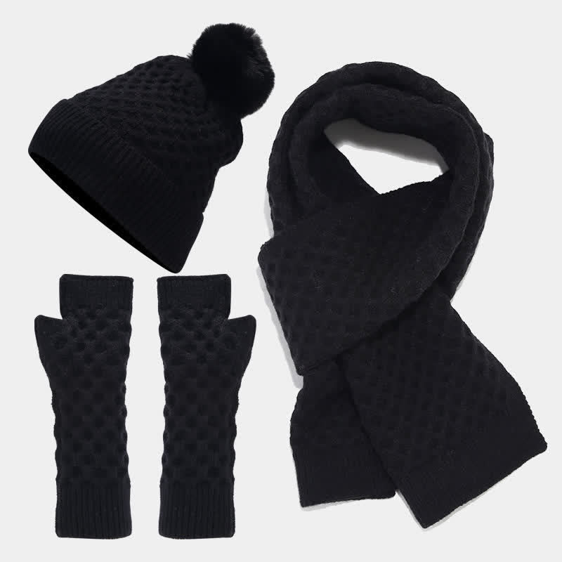 3Pcs Women's Criss Cross Knit Hat Scarf Gloves Set - Black - Adjustable (22"-22 7/8") - image 10