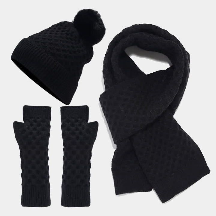3Pcs Women's Criss Cross Knit Hat Scarf Gloves Set - Black - Adjustable (22"-22 7/8") - image 10
