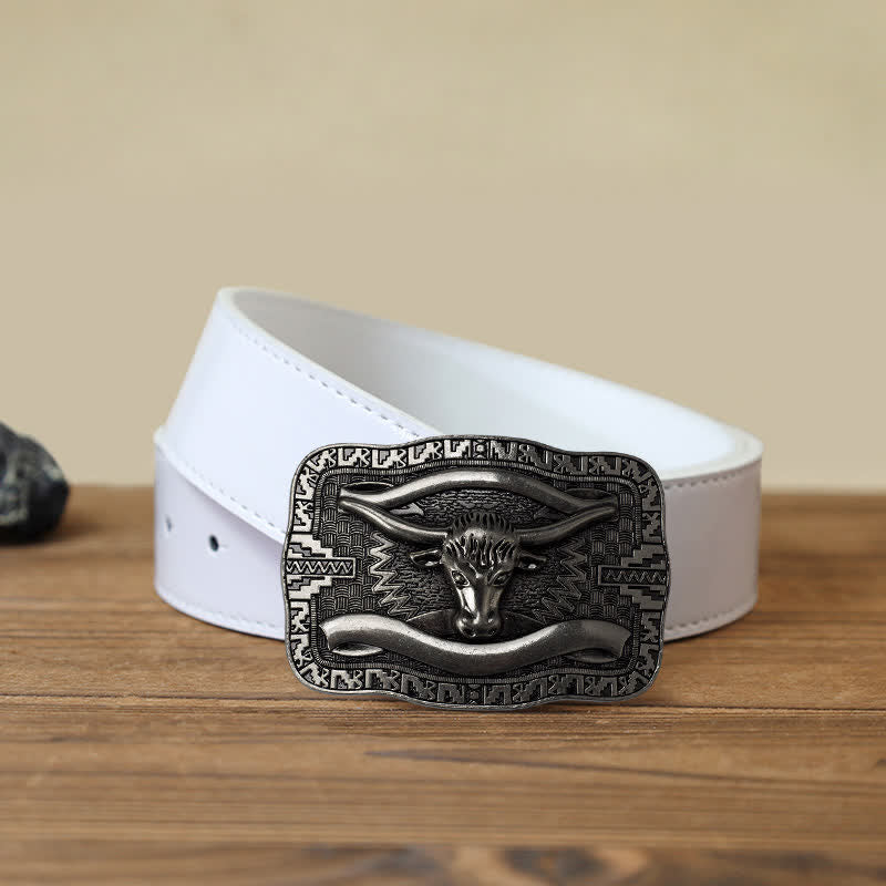 Men's DIY Silver Square Longhorn Bull Buckle Leather Belt - Bull Head - White PU Belt (40) - image 6