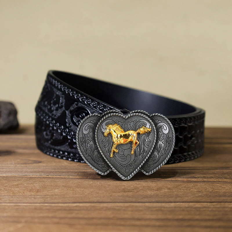 Men's DIY Horse Triple Heart Shaped Buckle Leather Belt - Horse - Black Carved Belt (40) - image 7