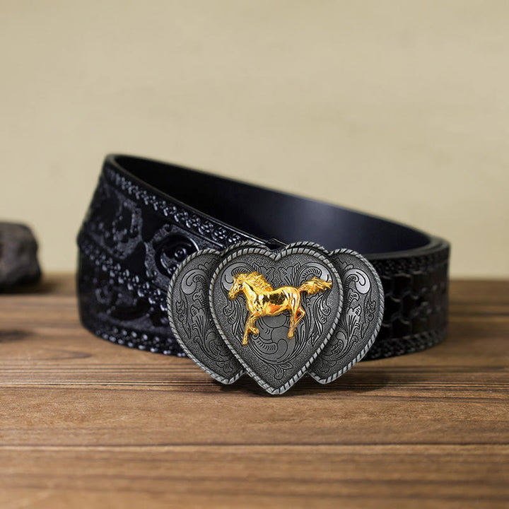 Men's DIY Horse Triple Heart Shaped Buckle Leather Belt - Horse - Black Carved Belt (40) - image 7