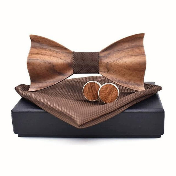 3Pcs Men's Small Checkered Wooden Bow Tie Set - Brown - image 8