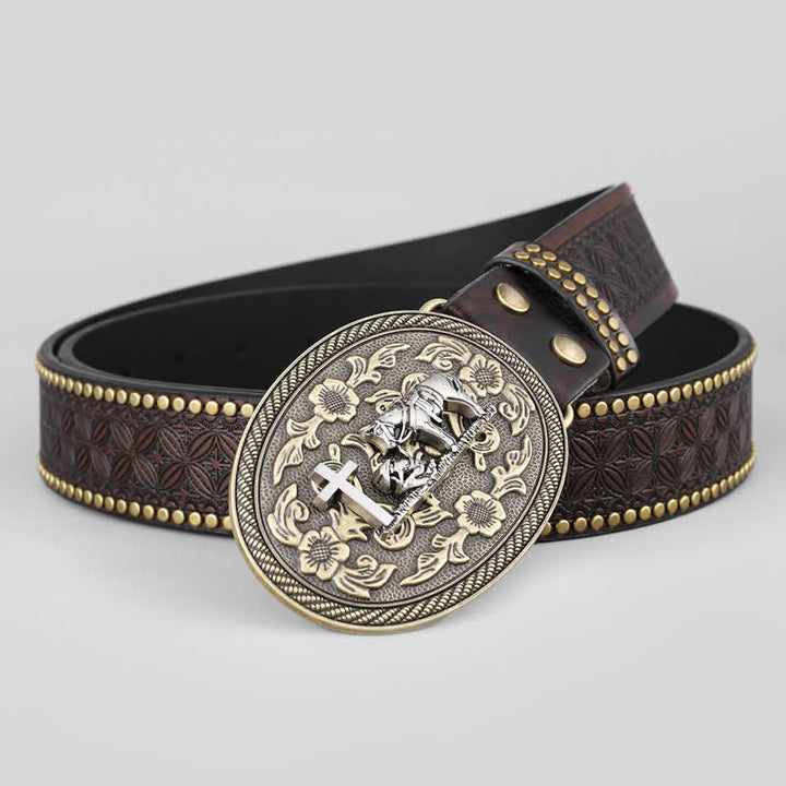 Men's Cross Horse Decor Oval Buckle Leather Belt - Cross & Horse - 42 - image 0