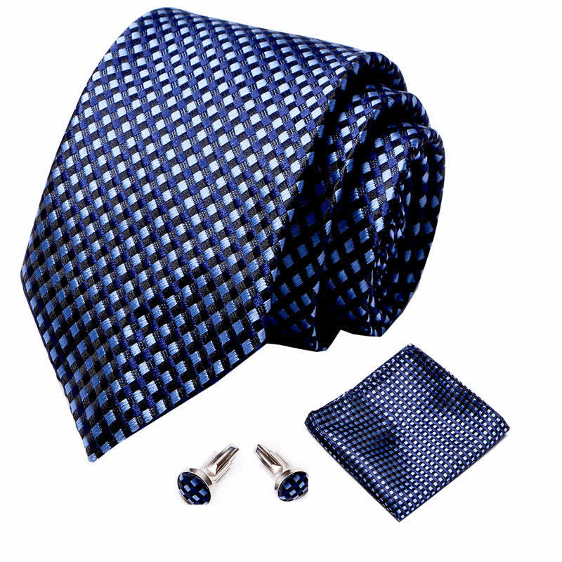 3Pcs Men's Light Blue & Navy Little Checks Necktie Set - image 1