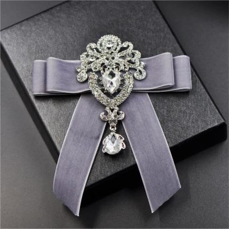 2Pcs Royal Rhinestone Brooch Velvet Bow Tie Set - Gray - image 10
