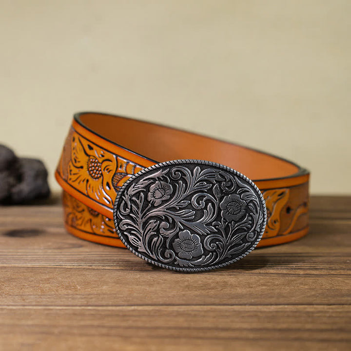 Men's DIY Classical Floral Oval Buckle Leather Belt - Antique Silver - Orange Carved Belt (40) - image 16