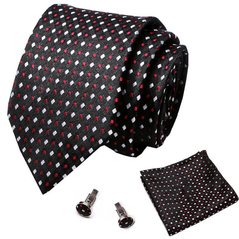 3Pcs Men's Red Dots & White Square Black Necktie Set - image 1
