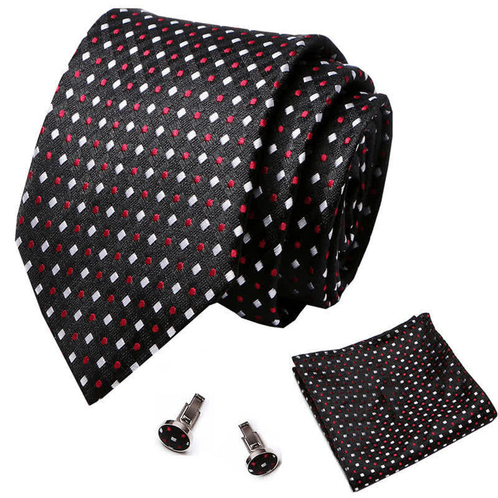 3Pcs Men's Red Dots & White Square Black Necktie Set - image 1