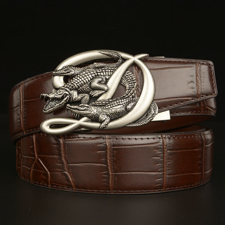 Men's Crocodile Buckle Alligator Pattern Leather Belt - Style #1 - Silver & Brown - 46 - image 10
