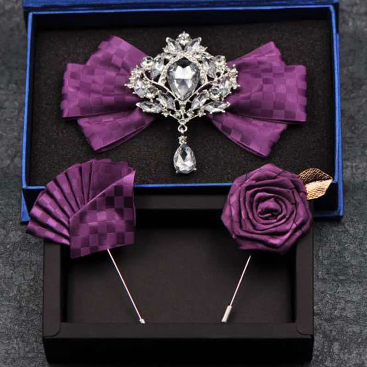 3Pcs Checker Rhinestone Brooch Bow Tie Set - Purple - image 7