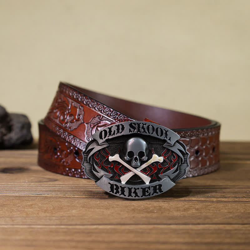 Men's DIY Skull Biker Cross Bone Buckle Leather Belt - Skull - Brown Carved Belt (40) - image 10