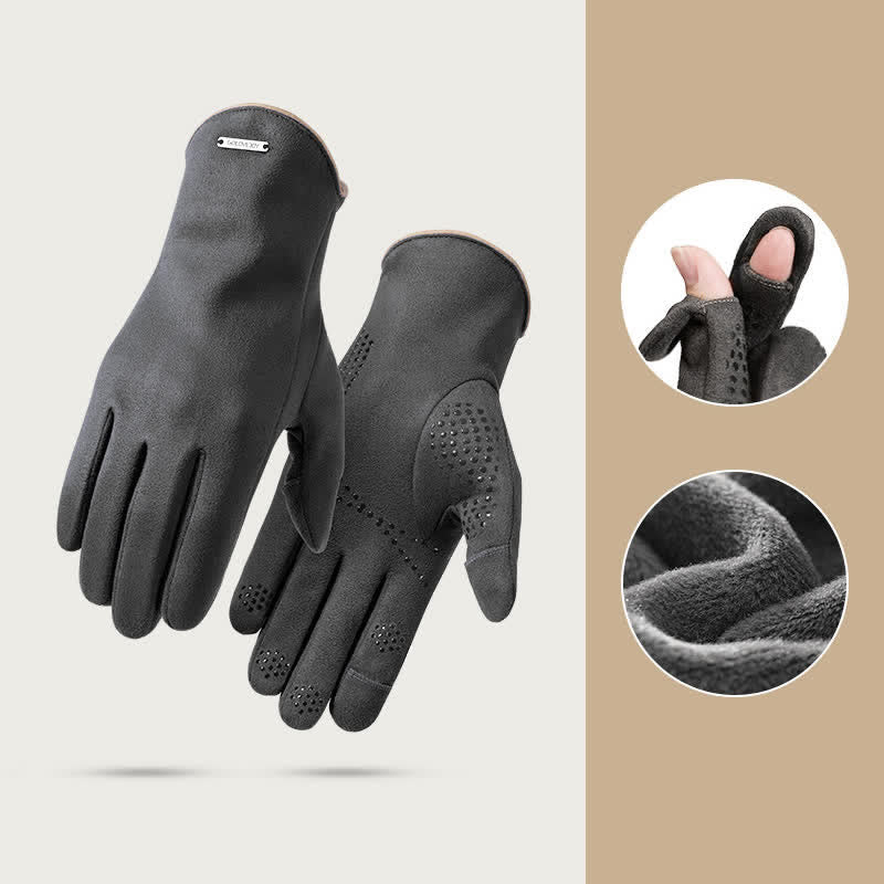 Suede Thermal Velvet Split Finger Gloves - Gray - image 12