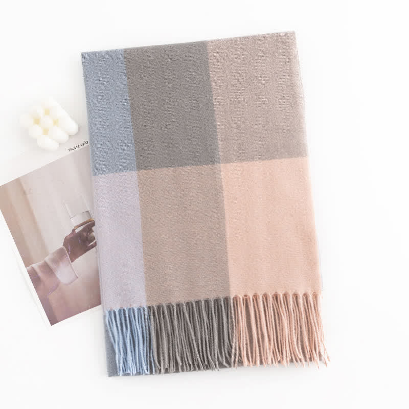 Women's Warmth Shawl Plaid Tassel Scarf - Pink & Blue - image 11