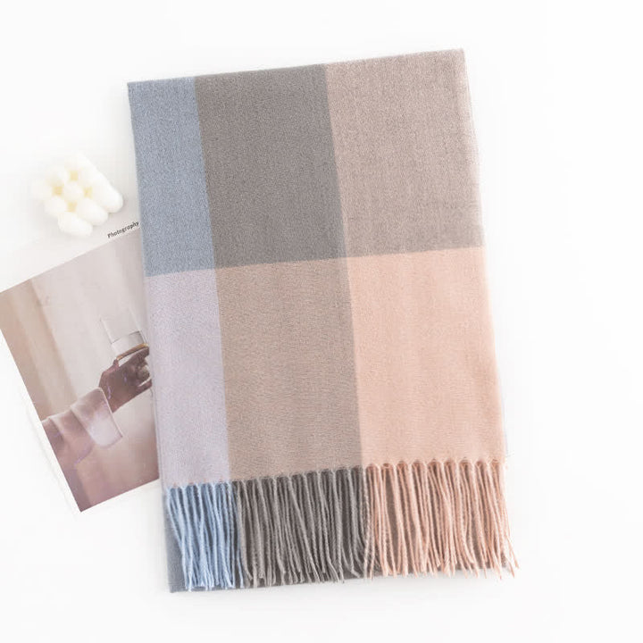 Women's Warmth Shawl Plaid Tassel Scarf - Pink & Blue - image 11