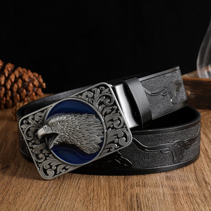 Men's Rectangular Bald Eagle Head Western Leather Belt - Black #3 - 42 - image 4