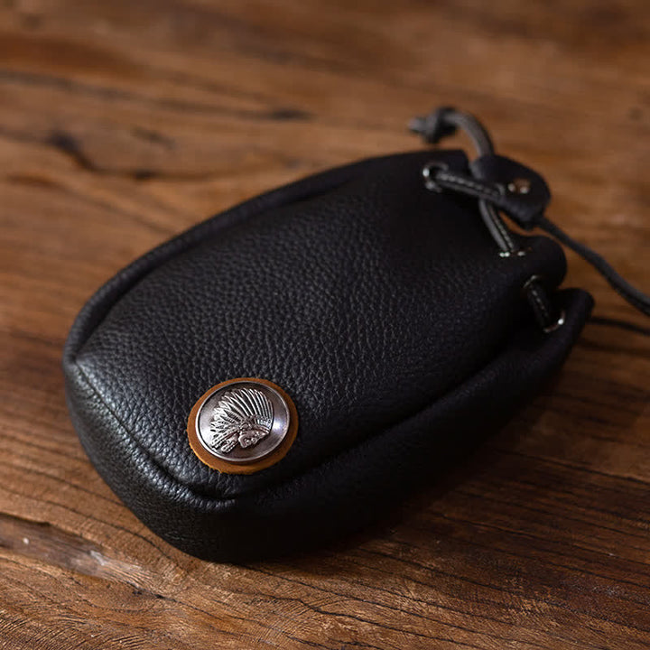 Small Wallet Coin Purse Drawstring Leather Belt Bag - Bright Black - image 18