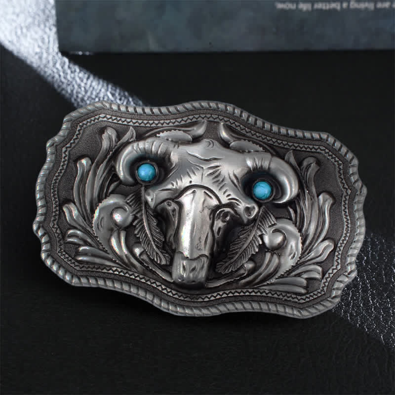 Men's DIY Goat Skull Turquoise Buckle Leather Belt - Silver - Without Belt - image 0