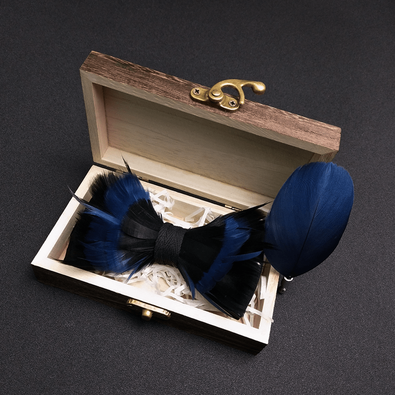 MidnightBlue & Black Feather Bow Tie with Lapel Pin - image 1