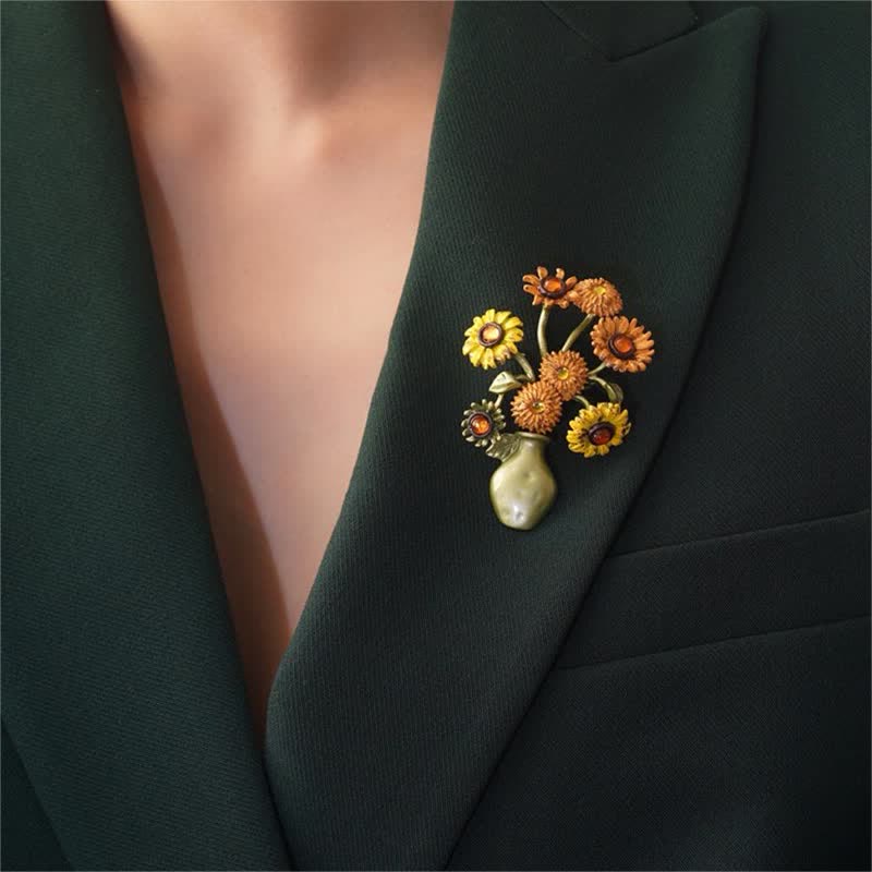 Women's Enamel Sunflower Vase Brooch - image 1