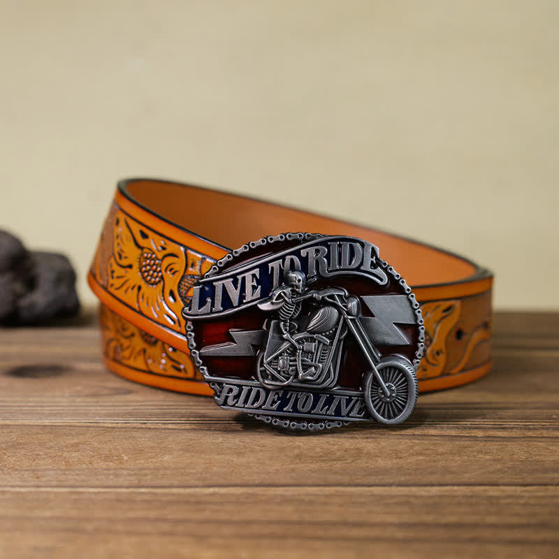 Men's DIY Skull Biker Live to Ride Buckle Leather Belt - Skull Biker - Orange Carved Belt (40) - image 14