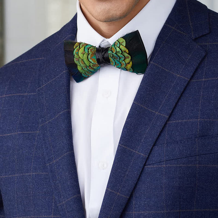 YellowGreen & Black Forest Goose Feather Bow Tie - image 1