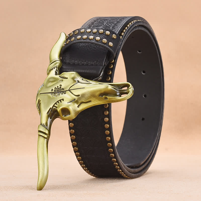 Men's Western Cattle Head Rivet Embossed Leather Belt - Black - 44 - image 6