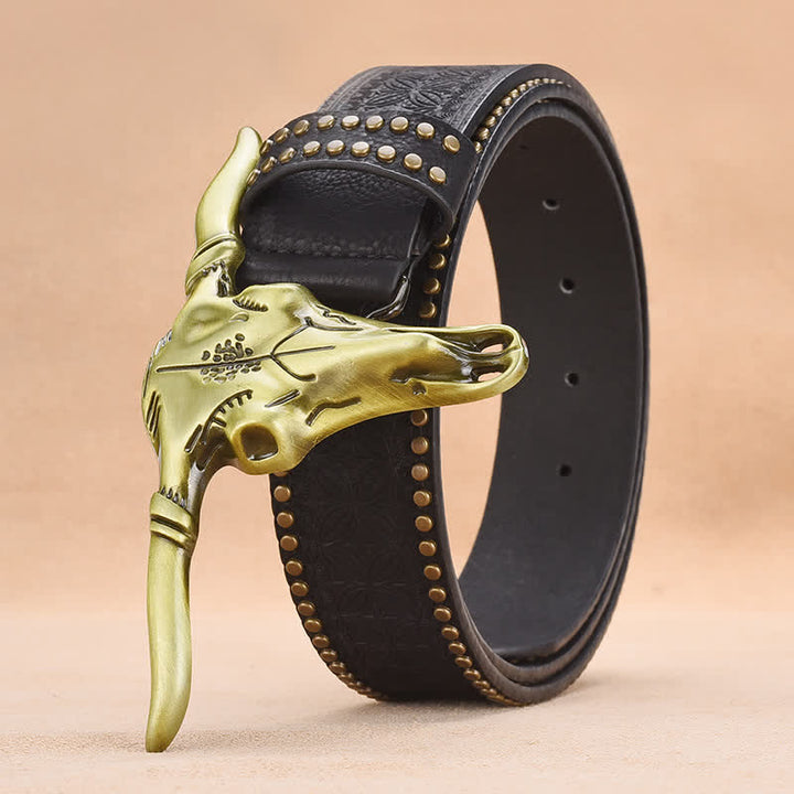 Men's Western Cattle Head Rivet Embossed Leather Belt - Black - 44 - image 6