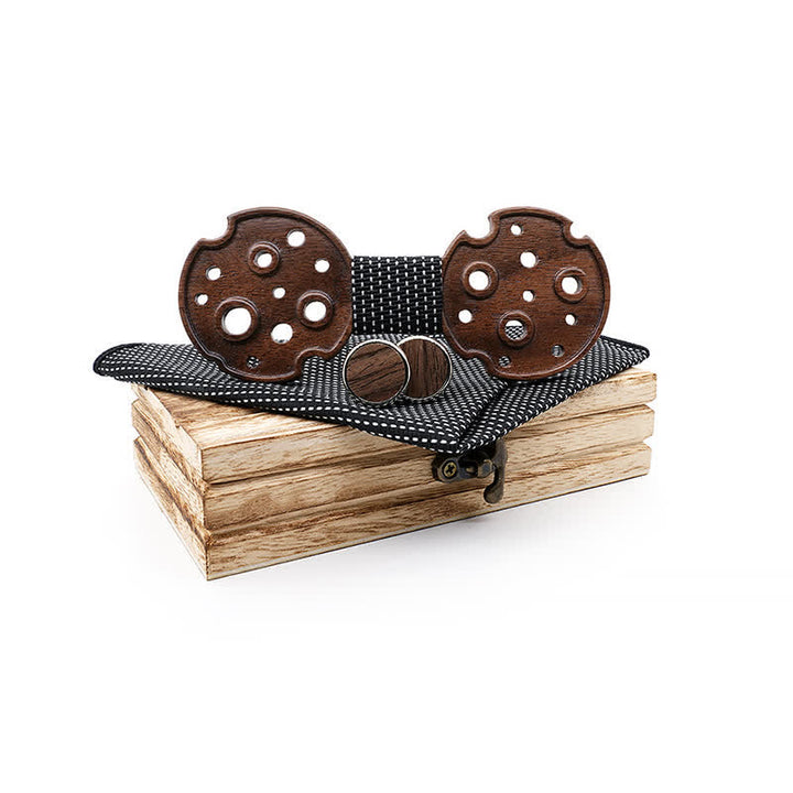 3Pcs Men's Hollow Circle Wooden Bow Tie Set - Black - image 10