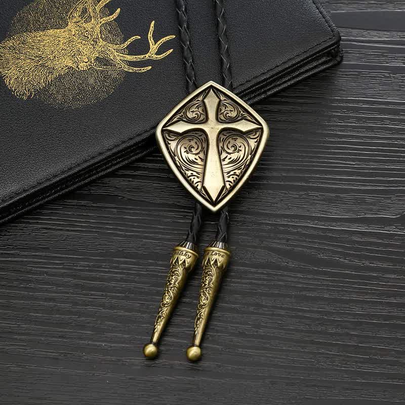 Antiqued Etching Cross Roman Shield Bolo Tie - image 1