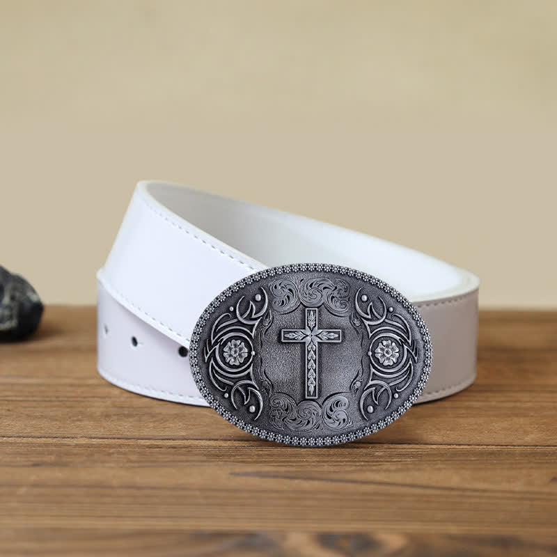 Men's DIY Faith Cross Floral Buckle Leather Belt - Antique Silver - Brown PU Belt (40) - image 8