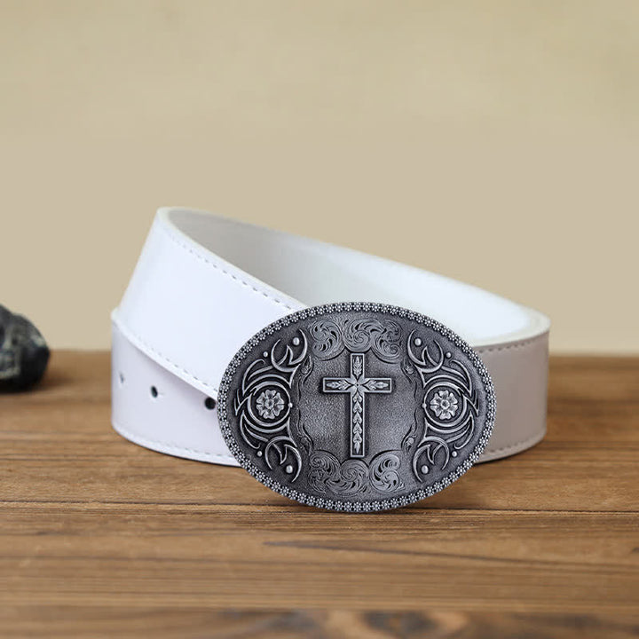 Men's DIY Faith Cross Floral Buckle Leather Belt - Antique Silver - Brown PU Belt (40) - image 8