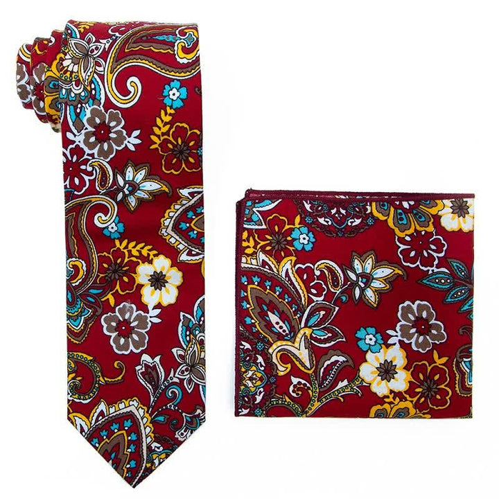 2Pcs Men's Paisley Floral Necktie Set - FireBrick - image 1