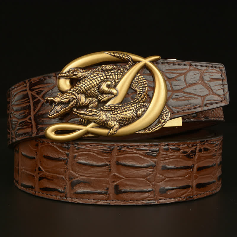 Men's Crocodile Buckle Alligator Pattern Leather Belt - Style #2 - Gold & Brown - 46 - image 15