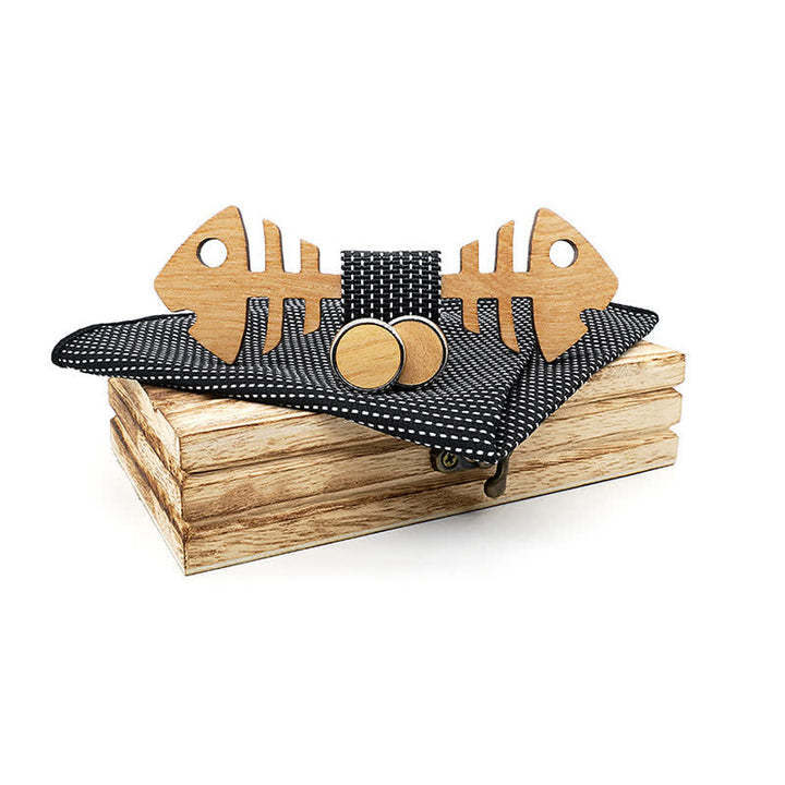 3Pcs Men's Fishbone Wooden Bow Tie Set - Black - image 9
