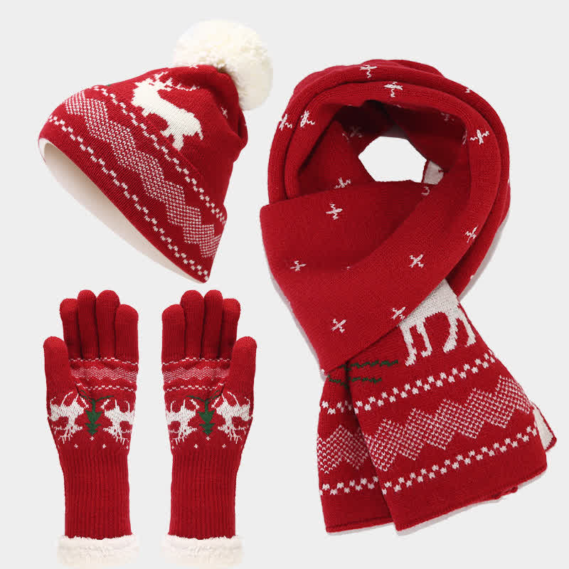 3Pcs Women's Reindeer Tree Jacquard Hat Scarf Gloves Set - Red - Adjustable (Approx. 21 5/8"-23 5/8") - image 0