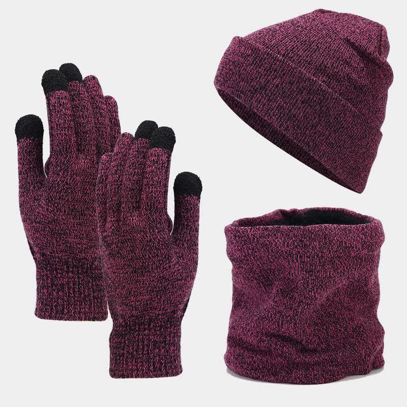 3Pcs Unisex Slouchy Warm Beanie Hat Scarf Gloves Set - Purple - Adjustable (22"-22 7/8") - image 0