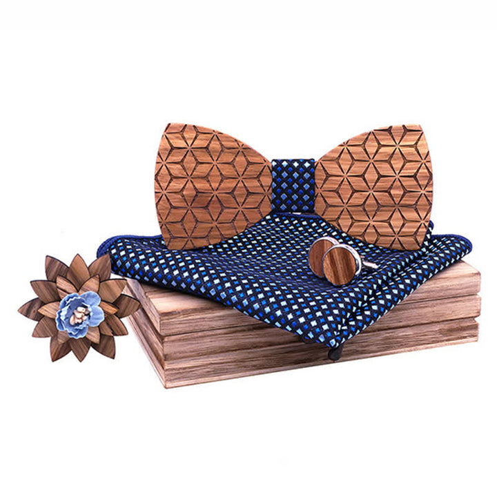 4Pcs Men's Geometric Carving Wooden Bow Tie Set - Blue Checker - image 5
