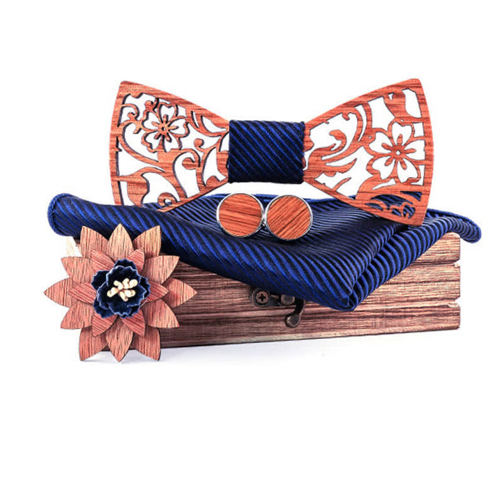 4pcs Men's Hollow Floral Wooden Bow Tie Set - MidnightBlue - image 10